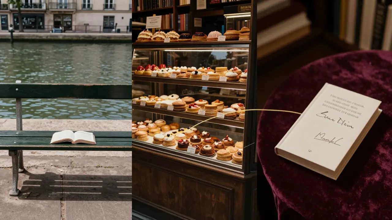 Three iconic Parisian moments—books, pastries, and a rare book—are linked by a golden thread of discovery.