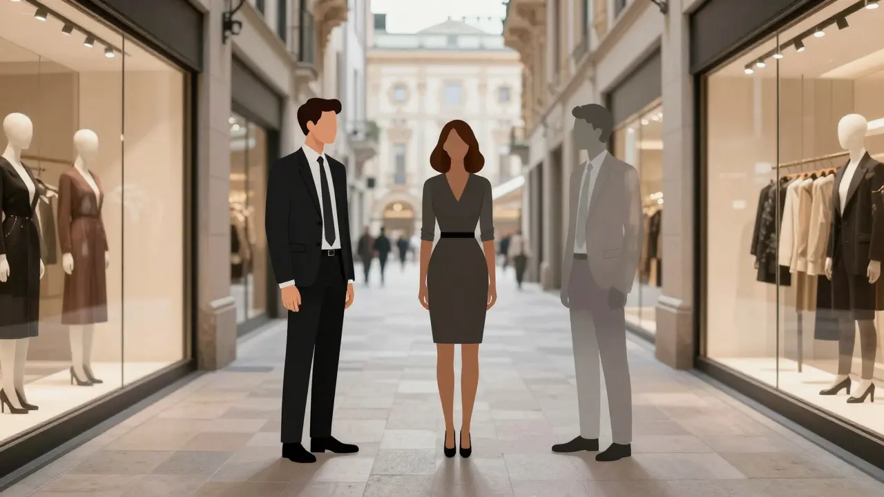 Three individuals in a mirrored hallway, their reflections showing supportive companions symbolizing emotional connection.