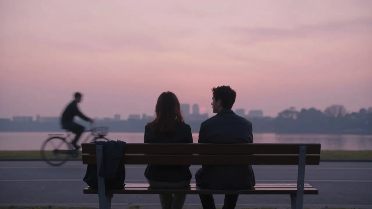 Two figures in silent companionship on a bench at dusk in Parco Sempione, soft sunset, peaceful stillness.