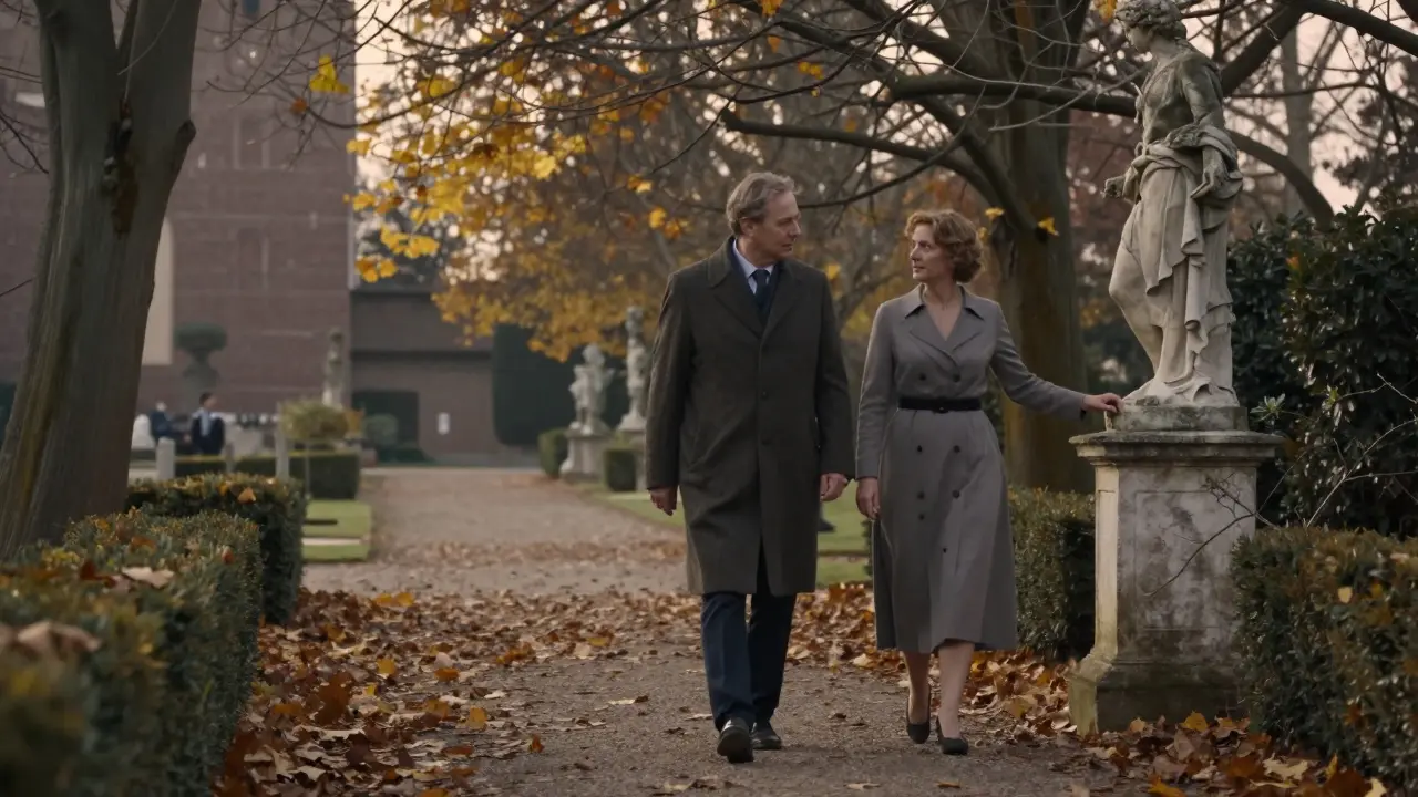Two figures walk peacefully through autumn leaves in Sforza Castle gardens, lost in thoughtful silence.