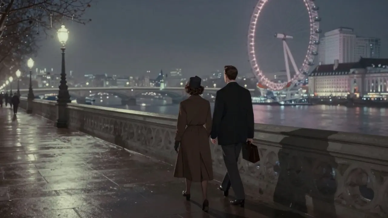 Two figures walking side by side along the Thames at night under bridge lights and mist.
