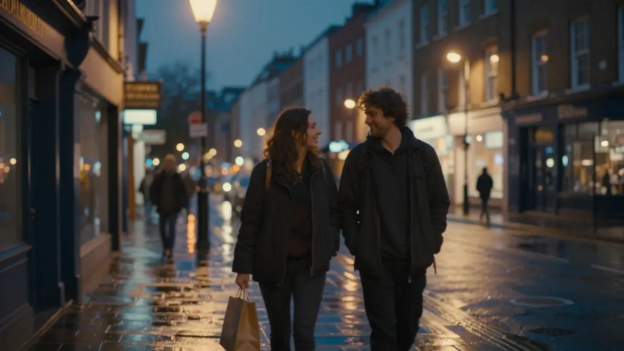 Two individuals walking together at night in Camden, sharing a quiet moment under a streetlamp.