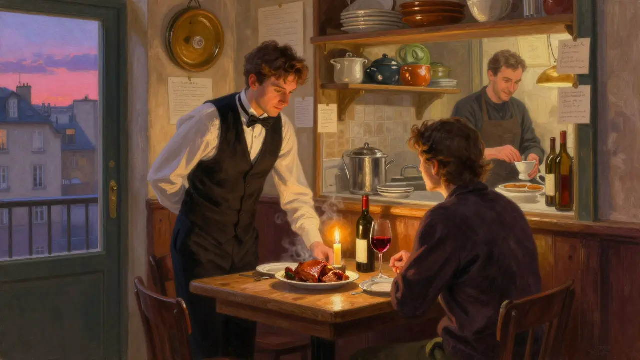 Two people enjoy an intimate dinner at a hidden bistro in Paris, candlelight reflecting off wine glasses.