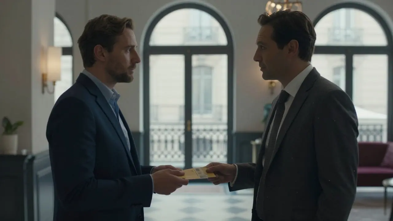 Two people meeting respectfully in a hotel lobby, exchanging cash discreetly.