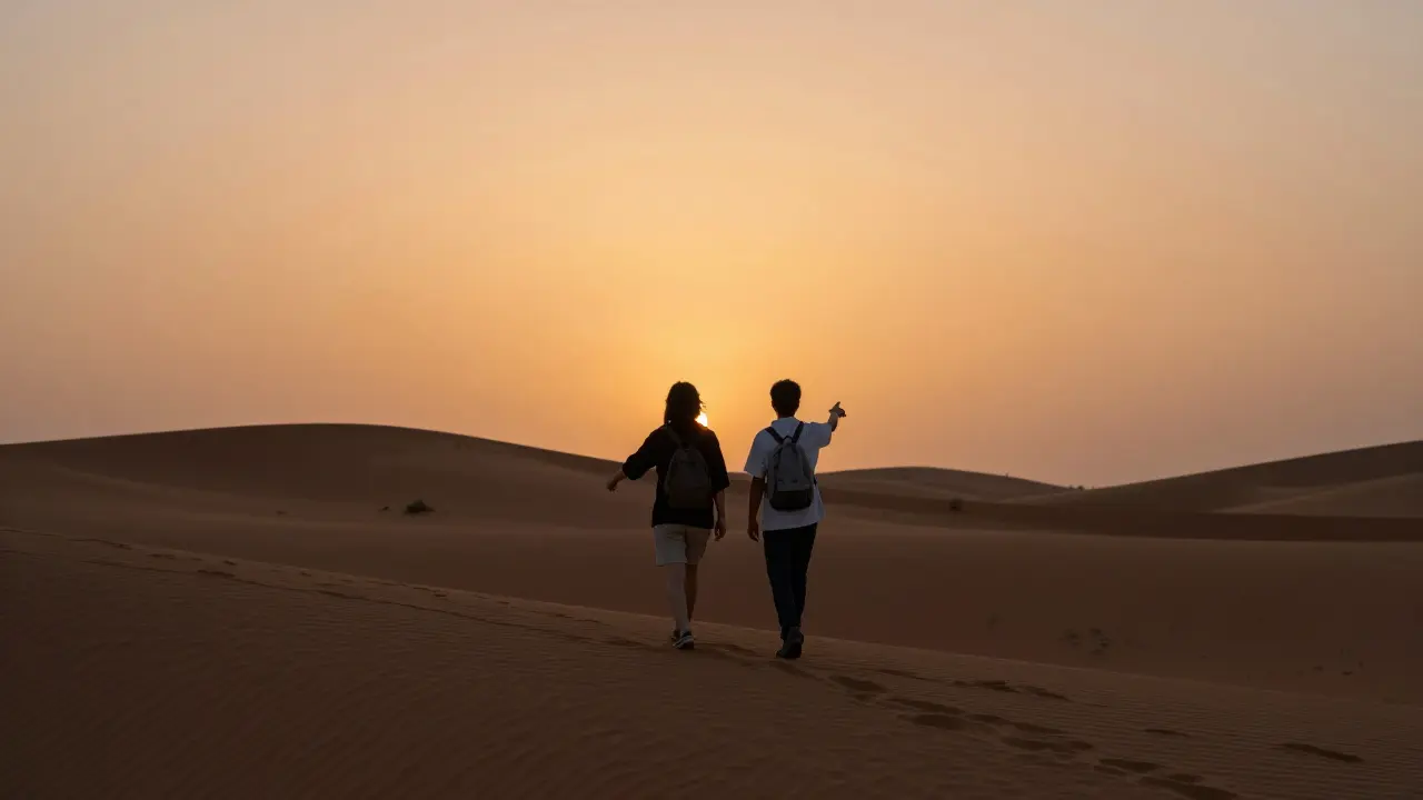 Two people walking together along desert dunes at sunset, sharing a quiet moment in nature.