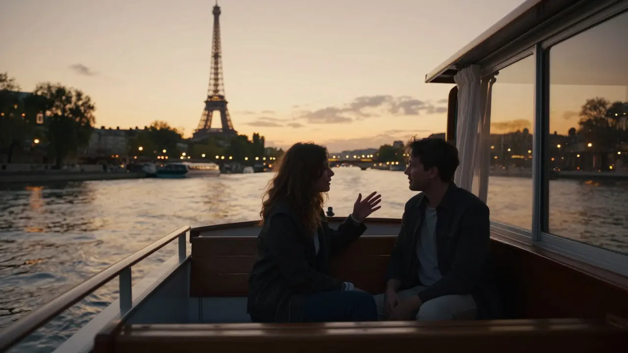 Two silhouettes on a private Seine cruise at sunset, the Eiffel Tower glowing in the distance.