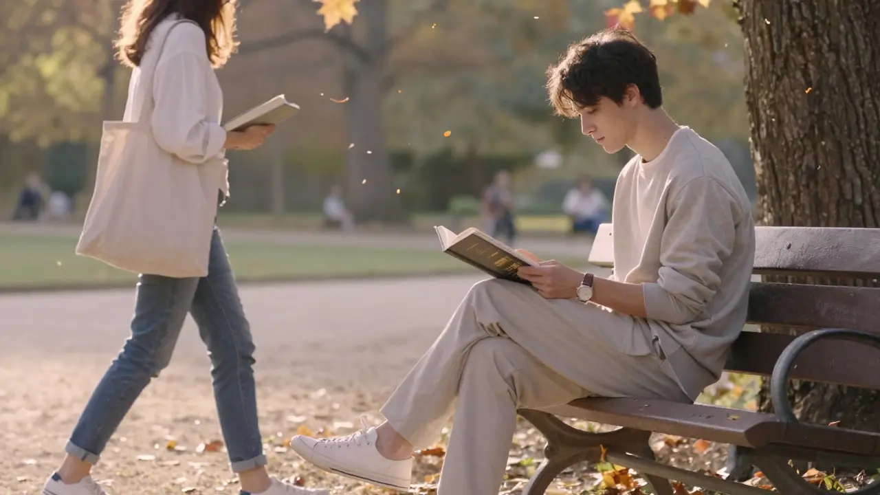 Two strangers exchange a fleeting glance in Luxembourg Gardens during golden hour.