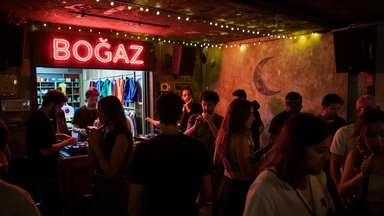 Underground club in Beyoğlu with neon lights, dancers moving to Anatolian funk music under flickering bulbs.