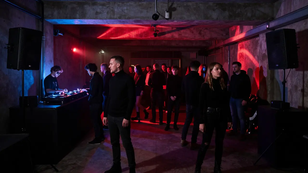 Underground club with crowd dancing to deep house music under pulsing colored lights.