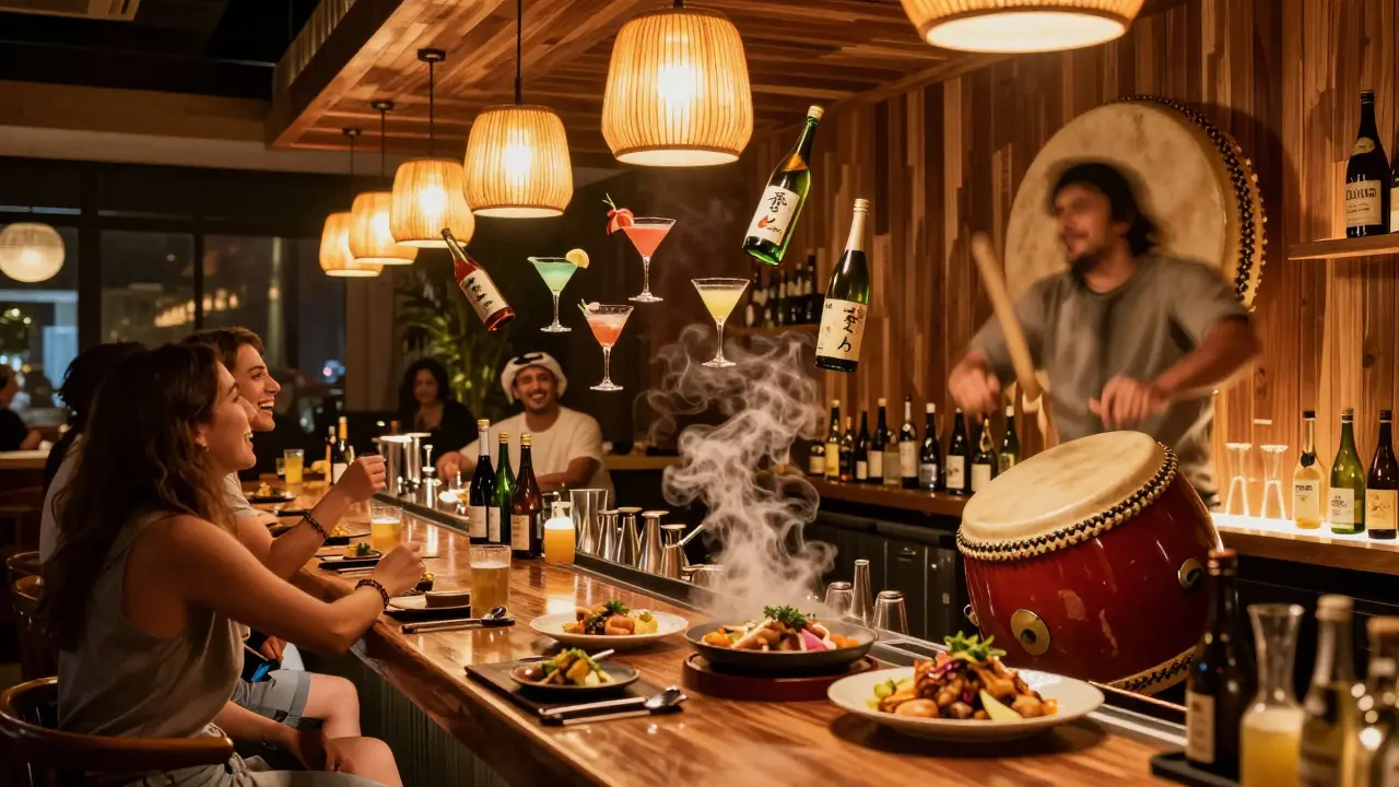 Vibrant bar scene with wooden interiors, taiko drummer, and cocktail preparations.