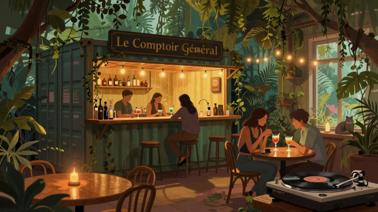 Vibrant hidden bar filled with plants, vintage decor, and patrons enjoying cocktails under string lights.