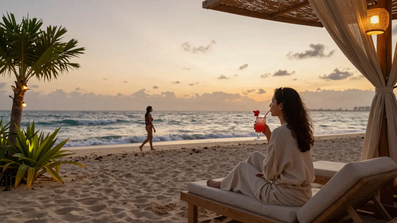 Woman sipping a mocktail on a quiet beach lounge at sunset in Abu Dhabi.