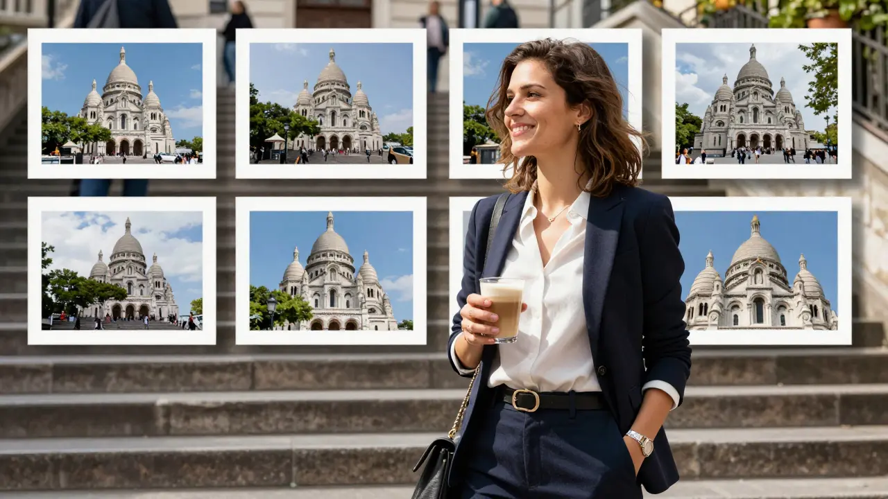 Woman smiling naturally in Montmartre, authentic photos displayed behind her.