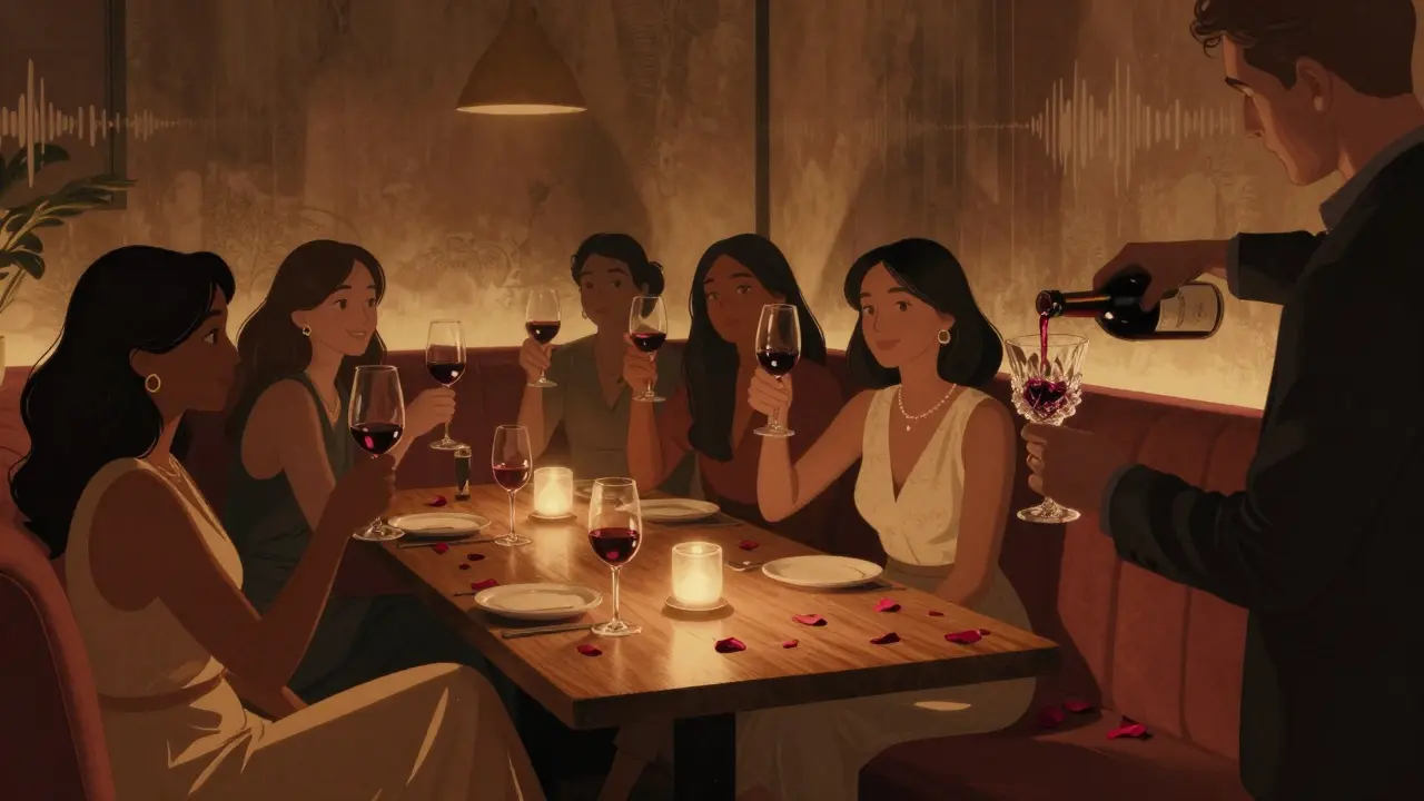 Women relaxing in cozy booths at Sugar Lounge, raising wine glasses under warm lighting.