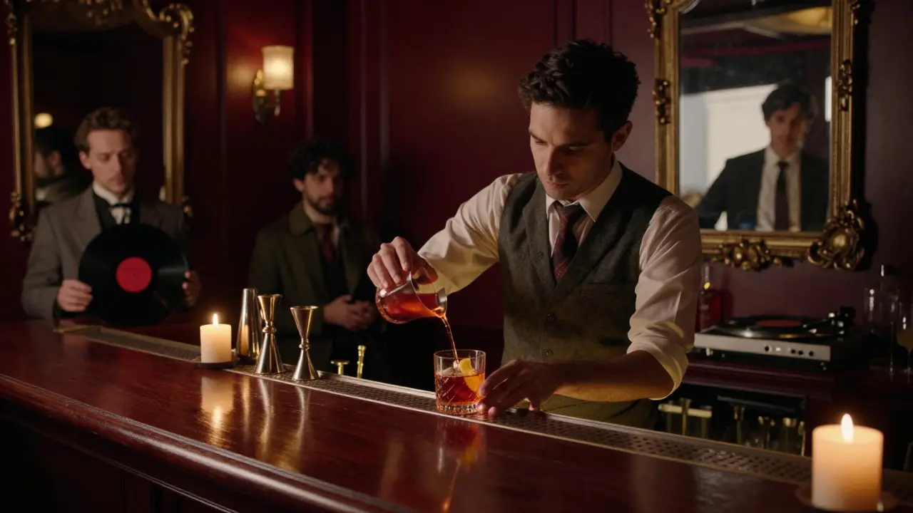 A bartender crafting a Negroni Sbagliato in the dim, candlelit Bar Basso in Brera.