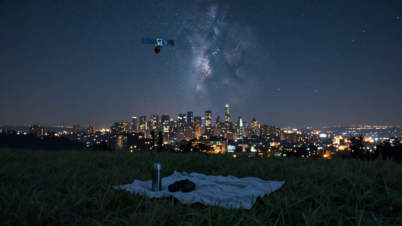 A blanket and binoculars rest on Primrose Hill as the London skyline glows beneath a faint Milky Way.