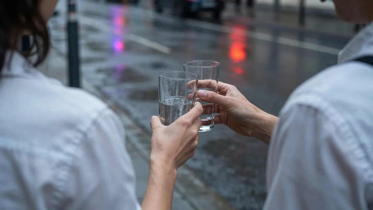 A brief, unspoken touch as a glass is passed, rain reflecting neon lights outside a Berlin window.