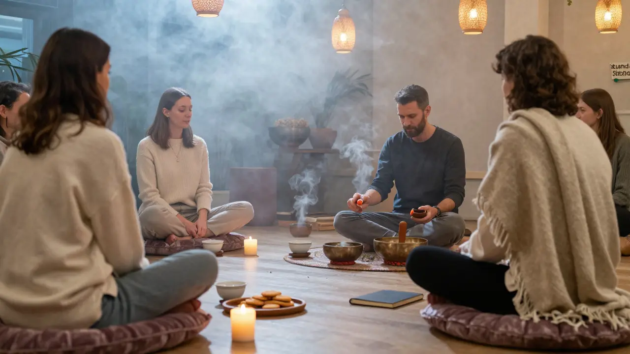 A candlelit tea lounge with people relaxing to soothing sound baths and steam rising from cups.