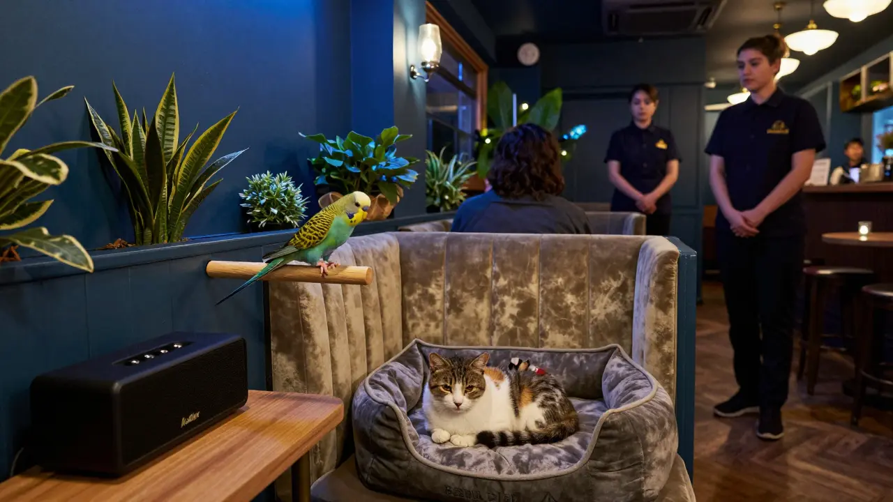 A cat sleeps on a velvet bed in a quiet lounge while a parakeet perches nearby, soft jazz playing in the background.