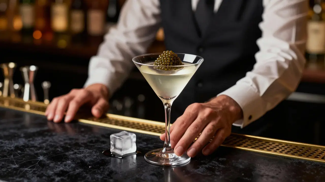 A Caviar Martini in a chilled glass dusted with edible caviar, served in a luxurious velvet bar setting.