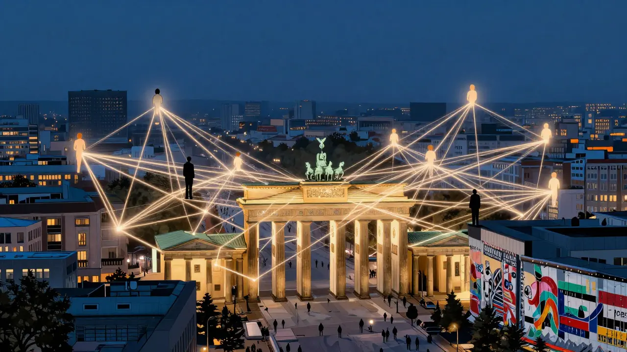 A cityscape of Berlin with glowing threads connecting lonely individuals to compassionate companions.