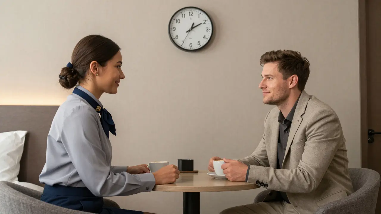 A client and escort having a respectful coffee meeting in a neutral hotel room, conveying professionalism and mutual consent.