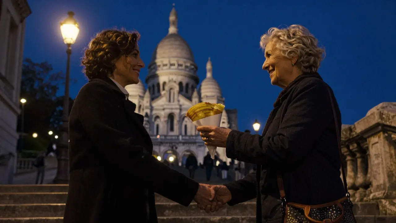 A couple climbs Montmartre’s steps at night, receiving a crêpe from a smiling vendor.
