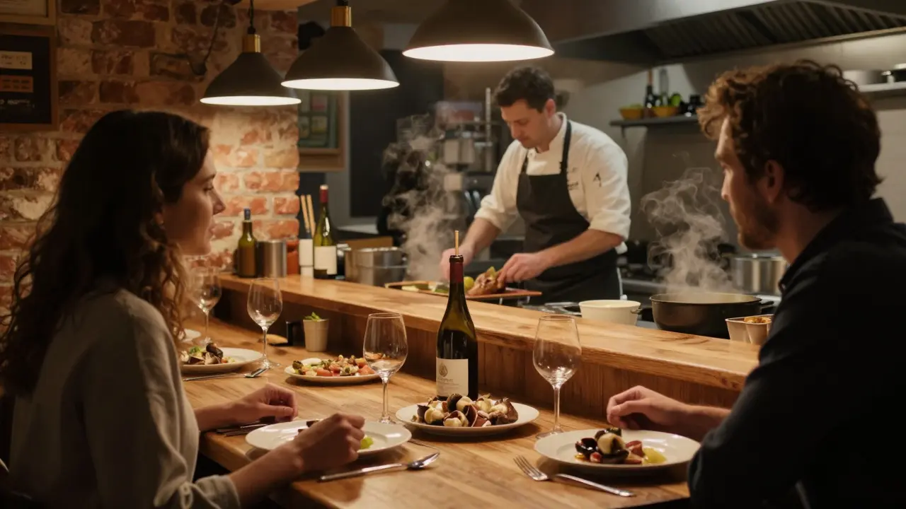 A couple dines quietly at a counter in a cozy Parisian bistro.