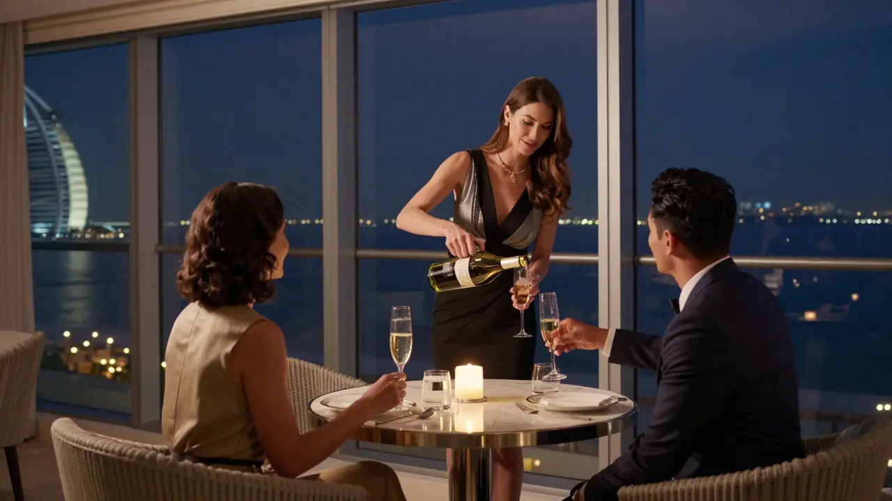 A couple enjoying a quiet dinner with city views in a high-end Jumeirah hotel suite.