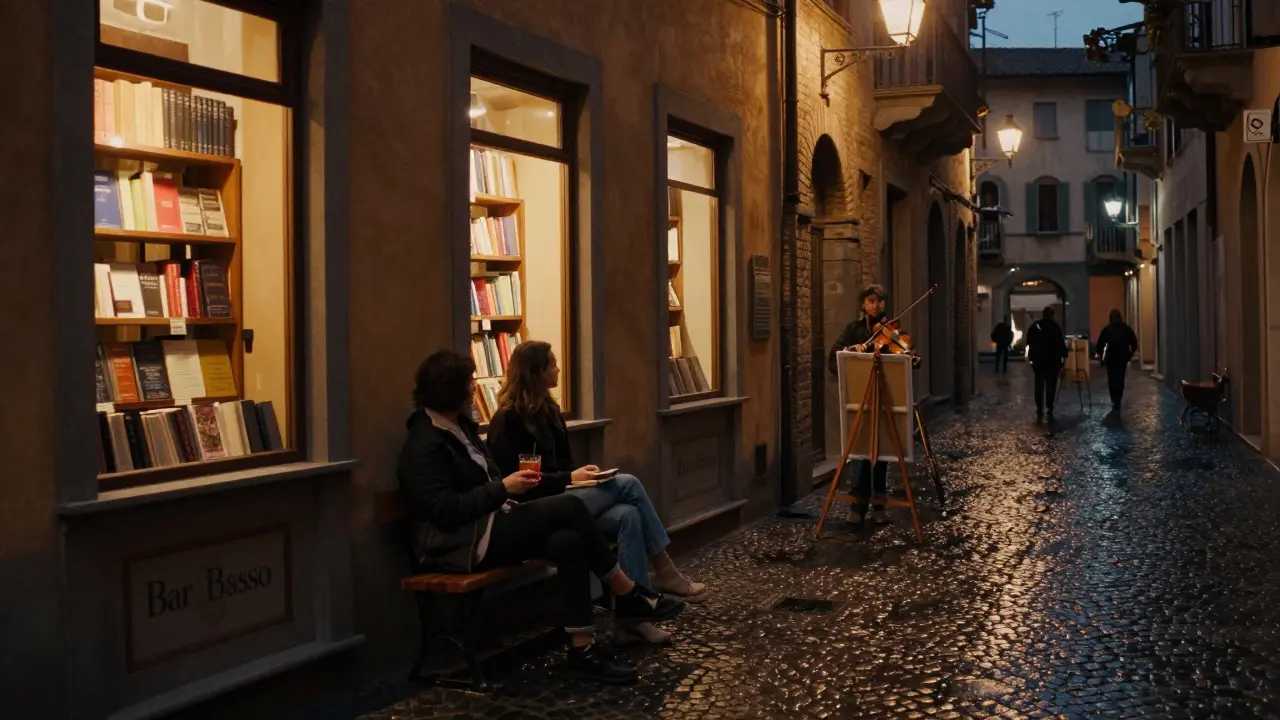 A couple seated outside Bar Basso in Brera at night, violin music drifting from an open window.