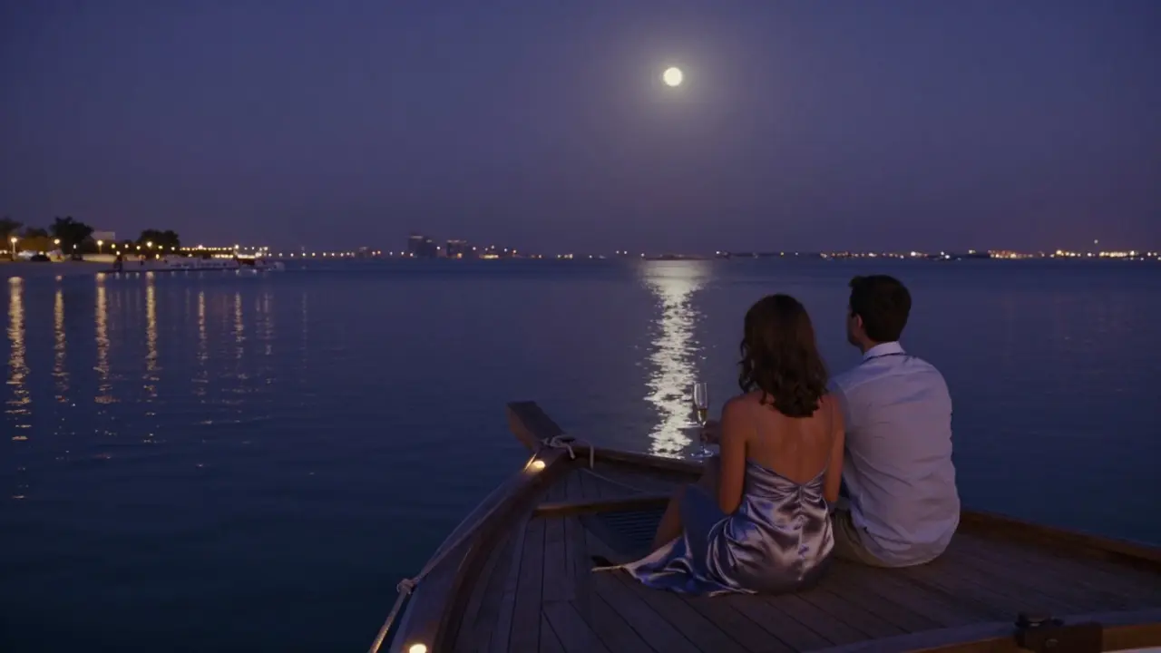 A couple sits silently on a private dhow boat drifting under the Dubai Marina night skyline.