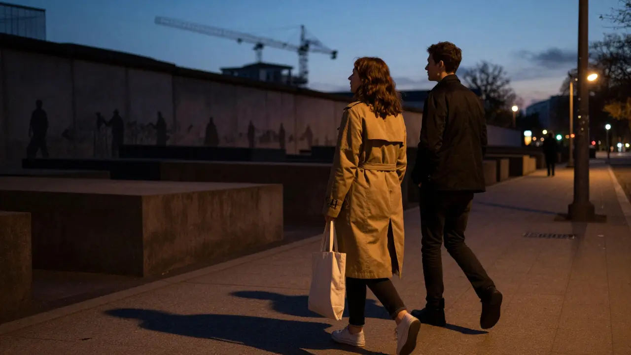 A couple walking through Tiergarten at dusk, silhouetted against the Berlin Wall memorial.