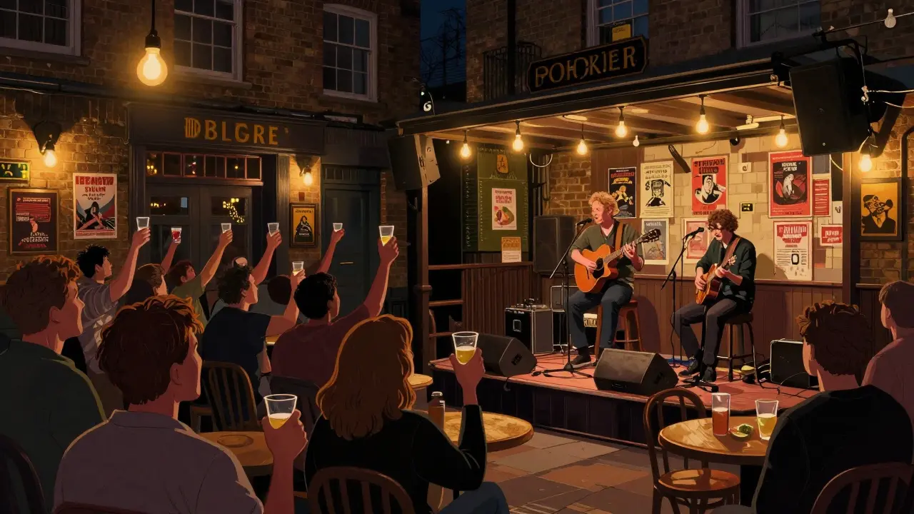A cozy Camden pub turned live music venue with a small band and singing crowd under vintage bulbs.