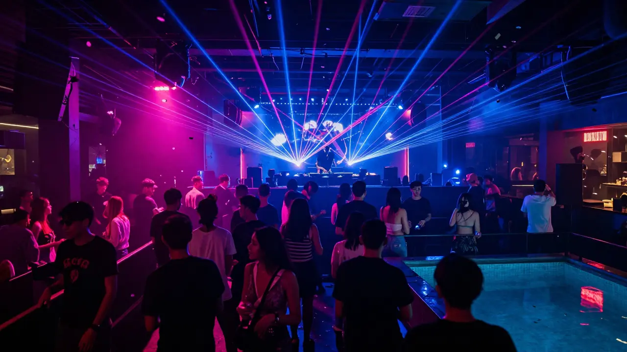 A crowded nightclub with lasers, dancing crowds, and a vibrant DJ booth under pulsing neon lights.
