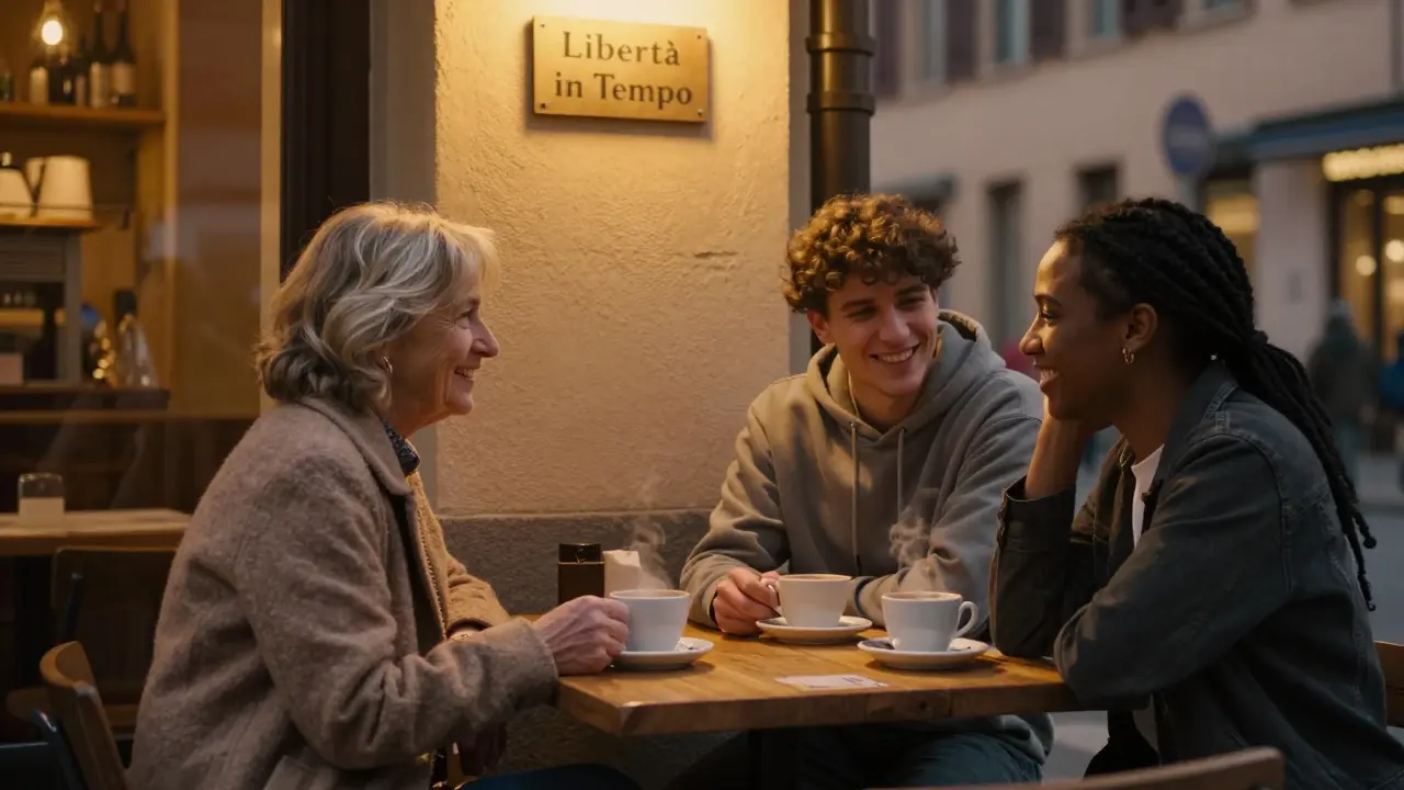A diverse group meets in a quiet Milan café, sharing quiet conversation and connection.