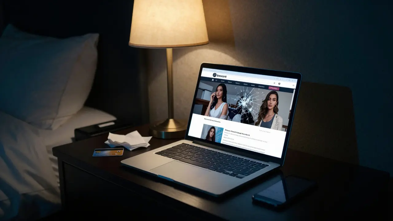 A flickering laptop displays a fake escort website in a dim hotel room with discarded items nearby.