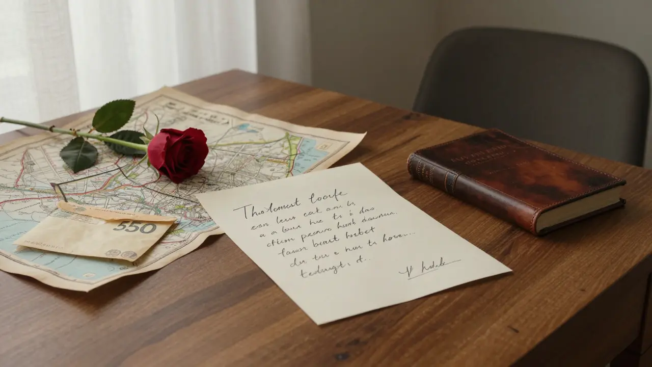 A handwritten thank-you note, cash envelope, and poetry book on a wooden desk beside a vintage Milan map.