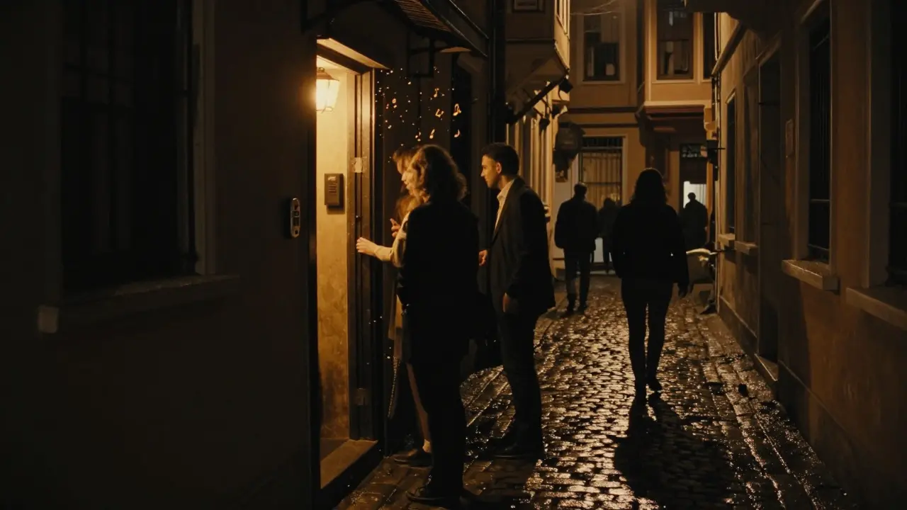 A hidden speakeasy entrance in Karaköy with dim light and guests being admitted quietly at night.
