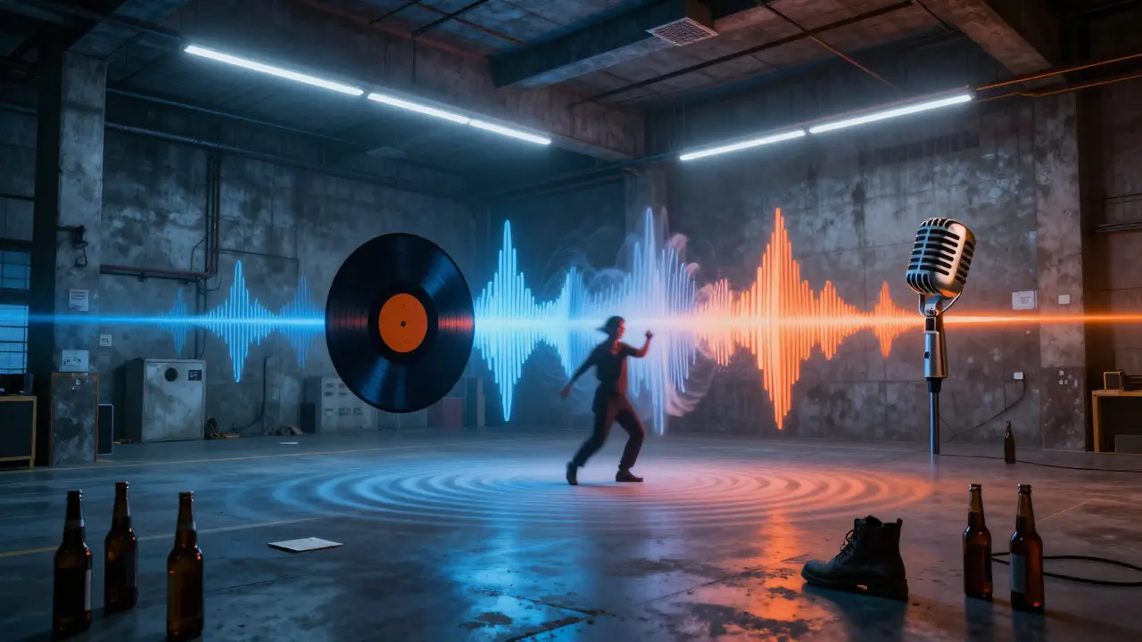 A lone dancer moves in a concrete warehouse club, sound waves visible in the air at 2 AM.