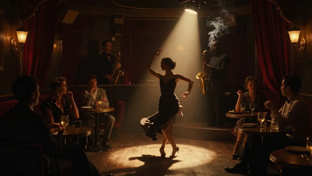 A lone dancer moves in a dim jazz club basement, surrounded by smoky shadows and golden spotlight.