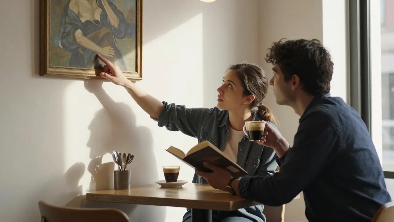A man and woman having a thoughtful conversation over coffee at an art museum café.