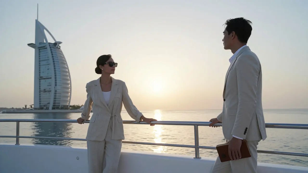 A man and woman stand apart on a luxury yacht at dawn, gazing toward the horizon, no physical contact.