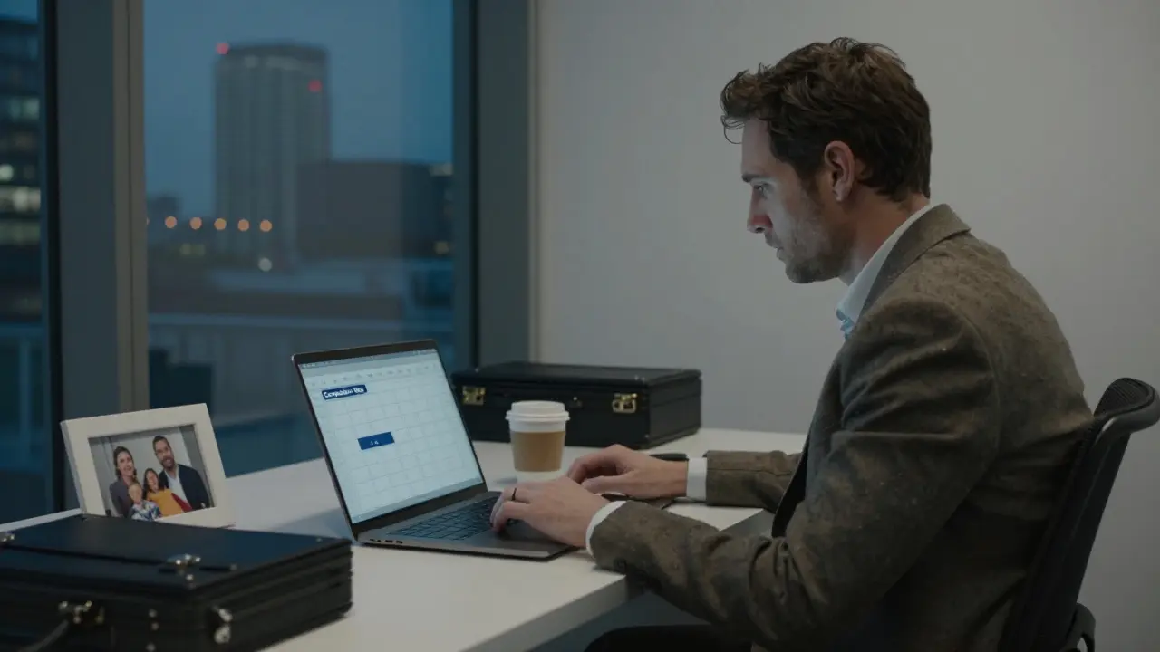 A man in a suit working late in an office, calendar showing a recurring companion appointment.