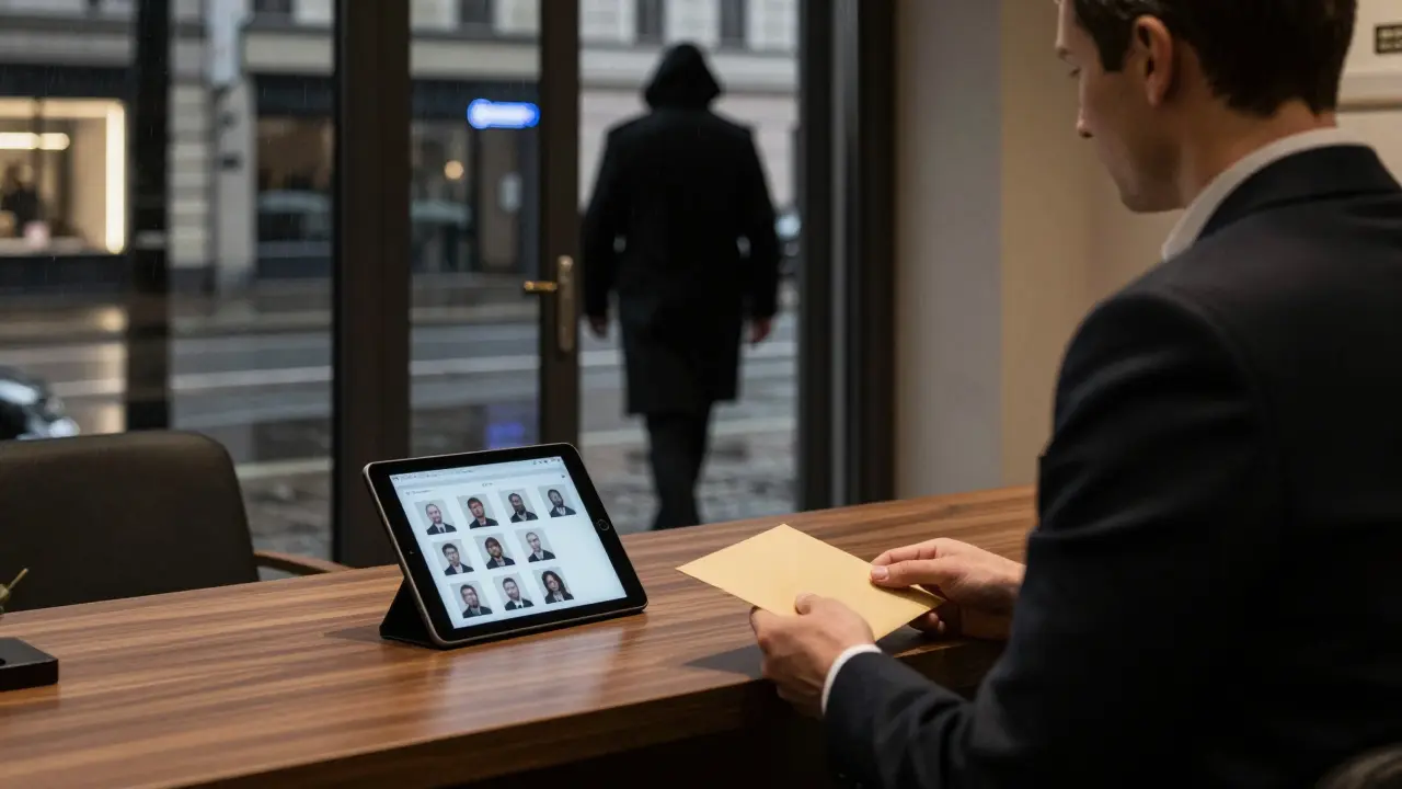 A man waits in a discreet concierge office as a shadowy figure exits into rainy Berlin streets.