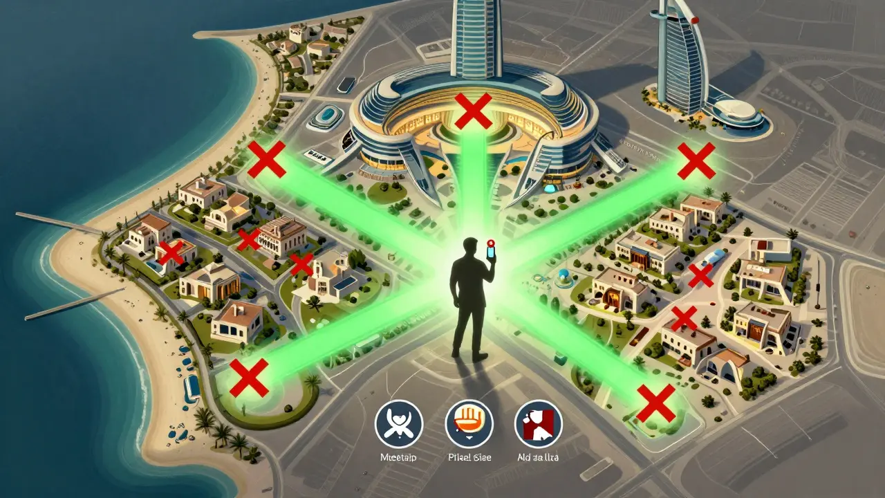 A map of Dubai showing safe public meeting areas in green and private locations marked with red Xs.