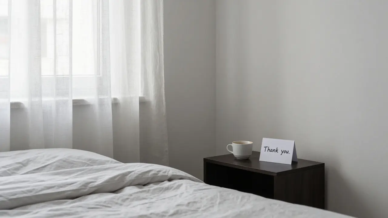 A peaceful apartment interior with a handwritten thank-you note on the nightstand.