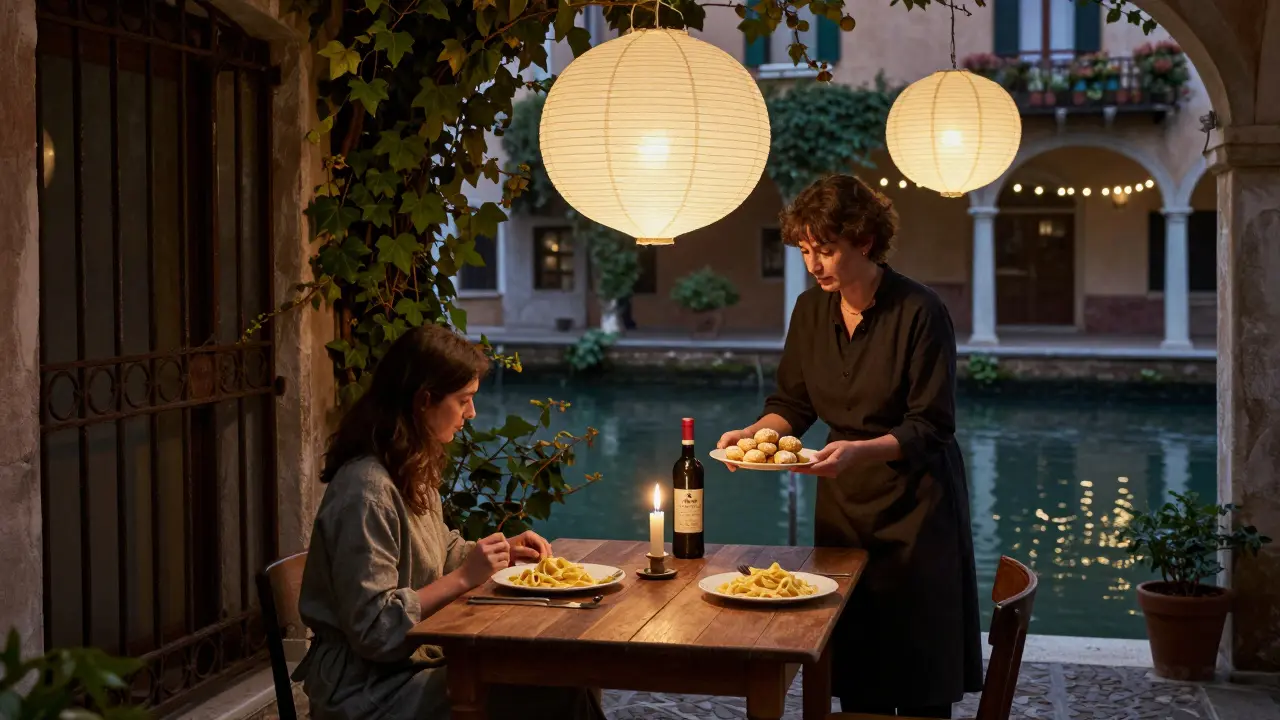 A private candlelit dinner in a hidden Navigli courtyard, lanterns casting warm light over food and wine.
