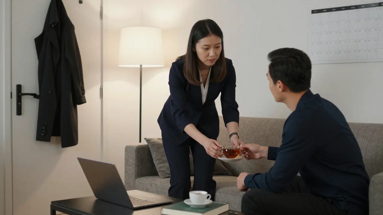 A professional companion and client share a calm moment in a Berlin apartment, sipping tea with mutual respect.