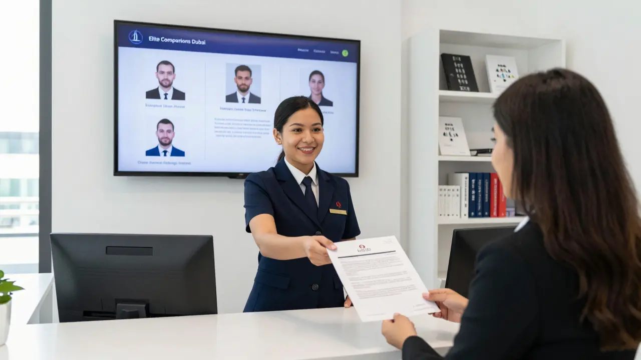 A professional escort agency office showing verified profiles and a client receiving a contract.