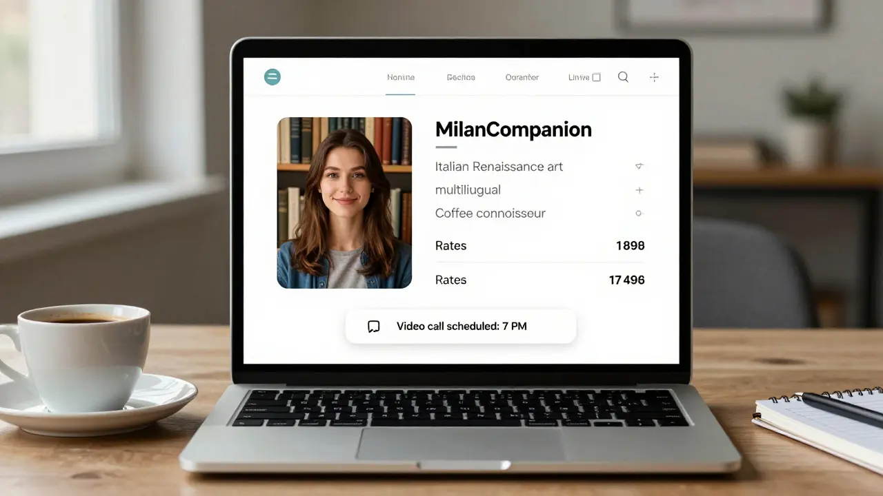 A professional escort profile on a digital platform, clean and respectful, no explicit content.